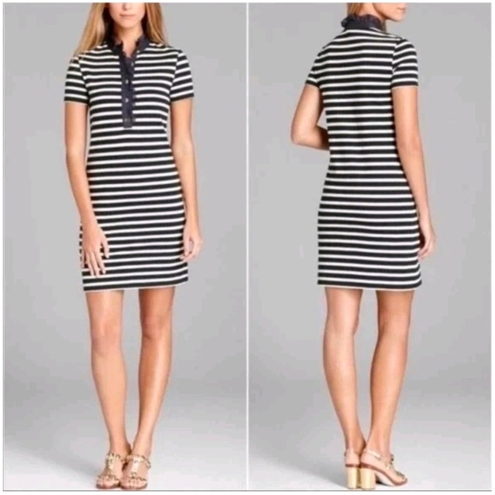Tory Burch Lidia Polo Dress Women Large Navy White Striped Ruffle Logo